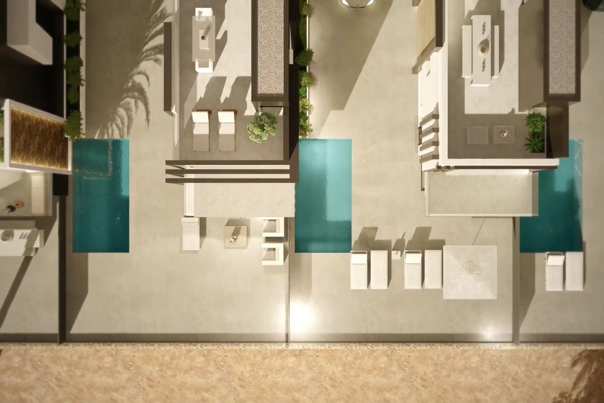 Luchtfoto van een moderne villa met terras en zwembaden in Puerto de Mazarron, Costa Calida.