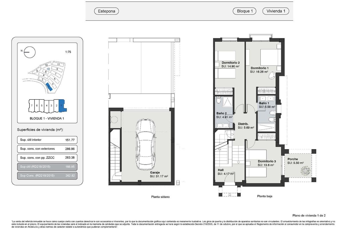 Gedetailleerde plattegrond van een townhouse in Estepona, met lay-out van kamers en afmetingen.