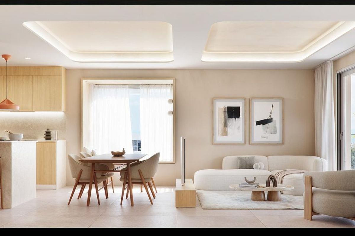 Moderne keuken en woonruimte in een 3-slaapkamer appartement met natuurlijk licht, gelegen in Benijofar, Spanje.