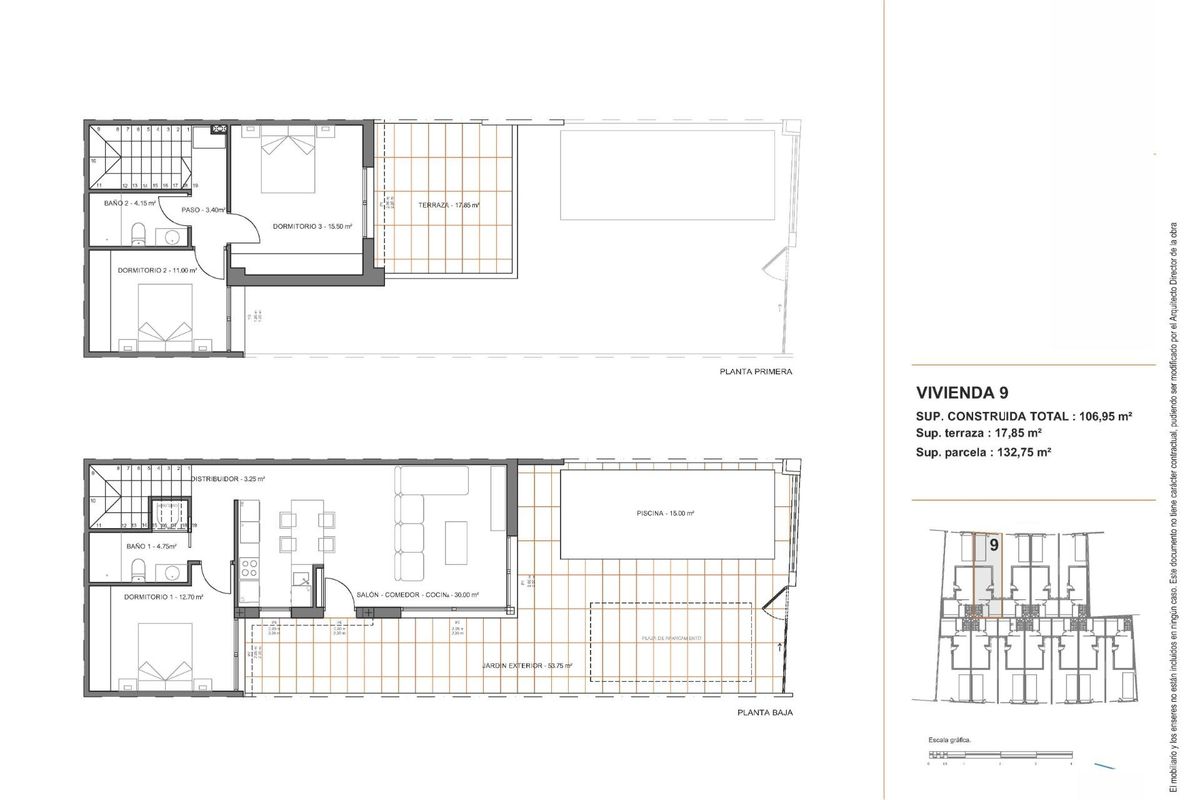 Plattegrondindeling van een 3-slaapkamer rijtjeshuis met woonruimtes in Santiago de la Ribera, Costa Calida, Spanje.