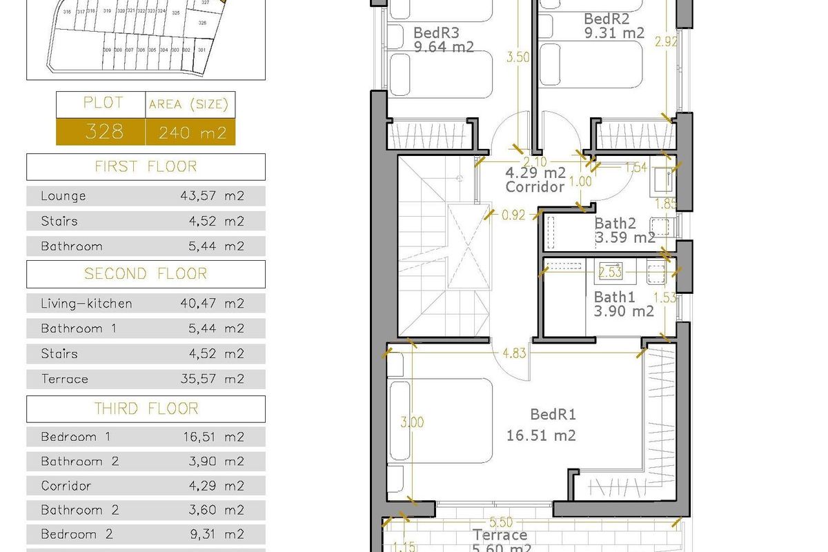Plattegrond van de derde verdieping van een 3-slaapkamer villa, met slaapkamers en terras, in Orihuela Costa, Costa Blanca.