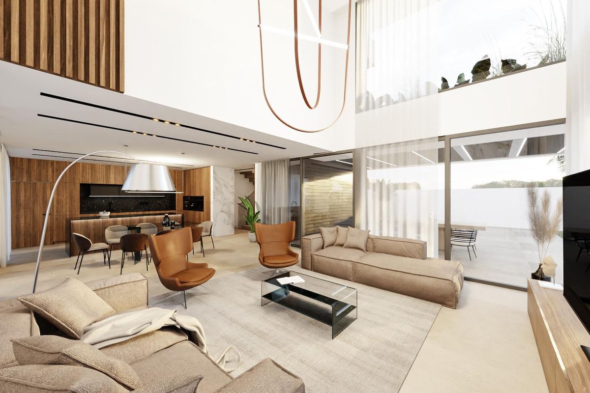 Stijlvol woonkamer met moderne meubels in een 4-slaapkamer villa in Orihuela Costa, Spanje.