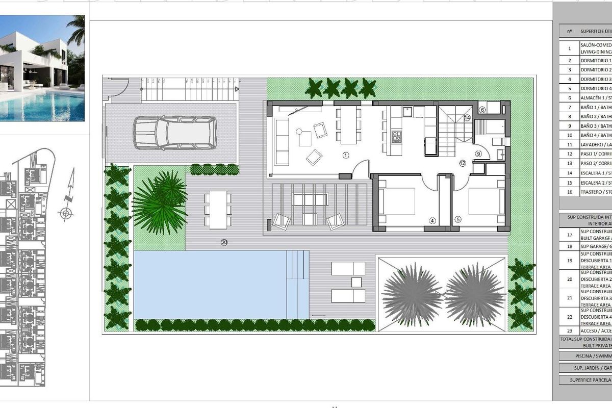 Plattegrond van een 5-slaapkamer villa in Finestrat, Costa Blanca met zwembad en tuinindeling.