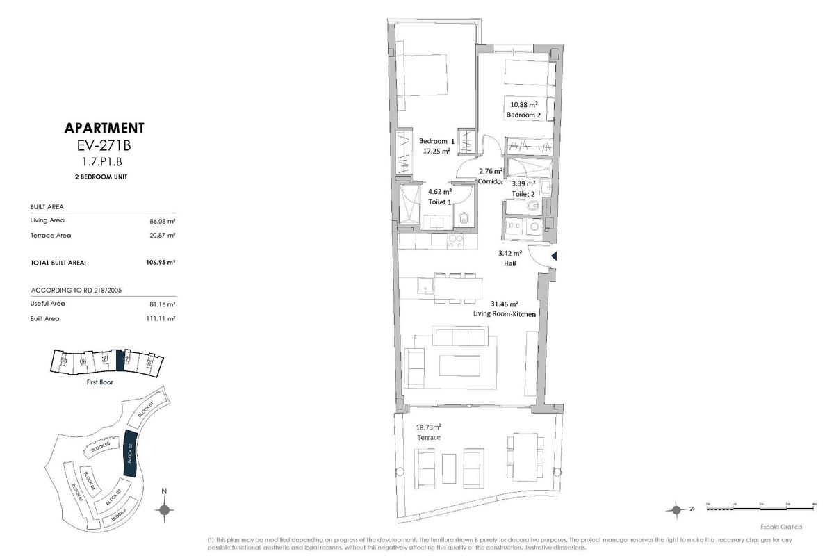 Plattegrond van een 2-slaapkamer appartement in Fuengirola, met ruime woon- en keukens.