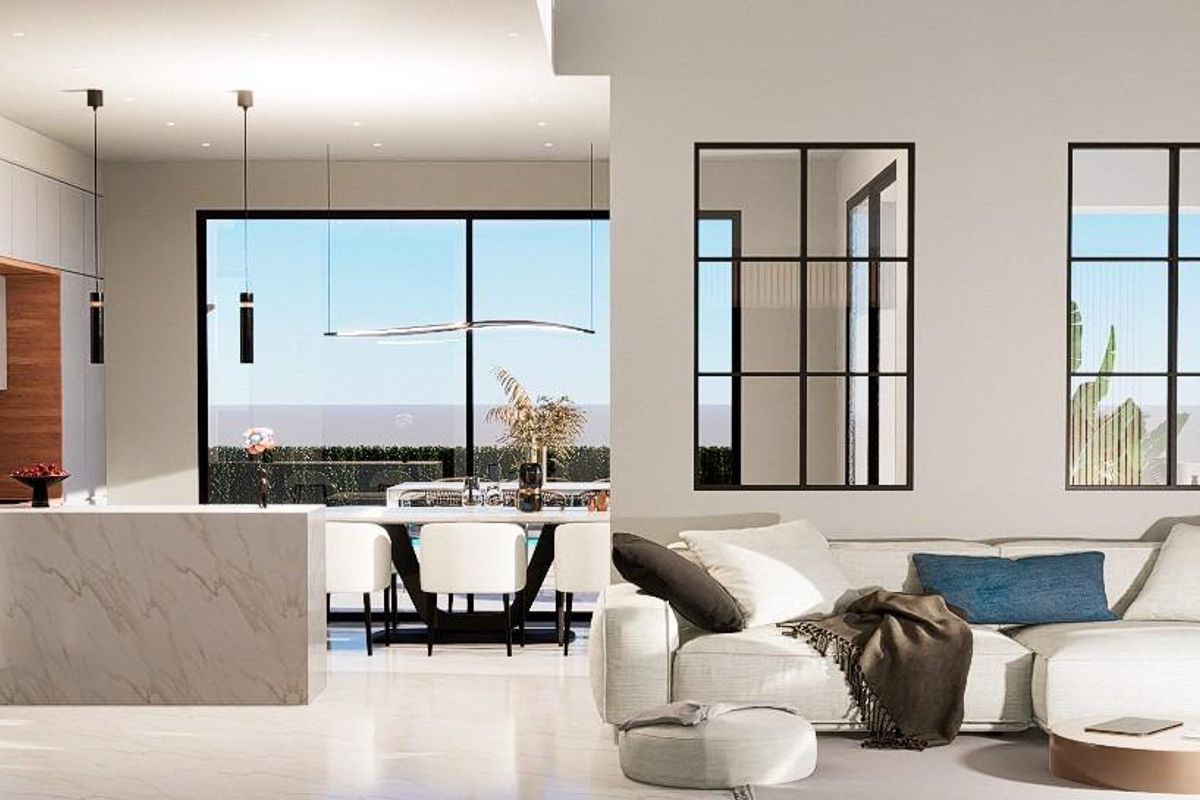 Elegante woonkamer in een 3-slaapkamer villa in Finestrat, met open ruimtes en veel natuurlijk licht.