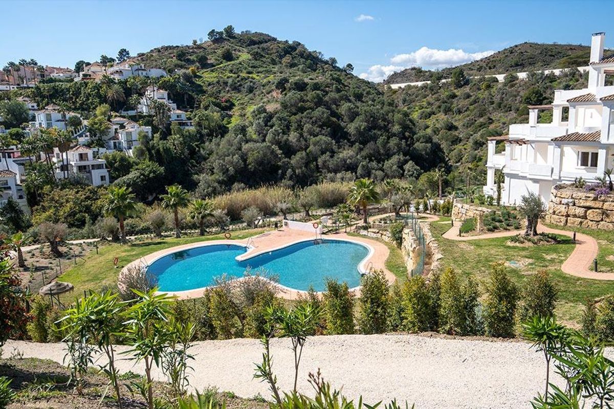 Scenisch uitzicht op een gedeeld zwembad en weelderig landschap in Marbella, ideaal voor ontspanning in een penthouse gemeenschap.