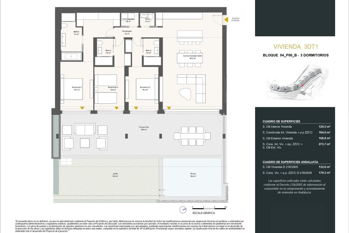 Plattegrond van een 3-slaapkamer appartement die de indeling en ruimte toont in Benahavís, Costa del Sol.