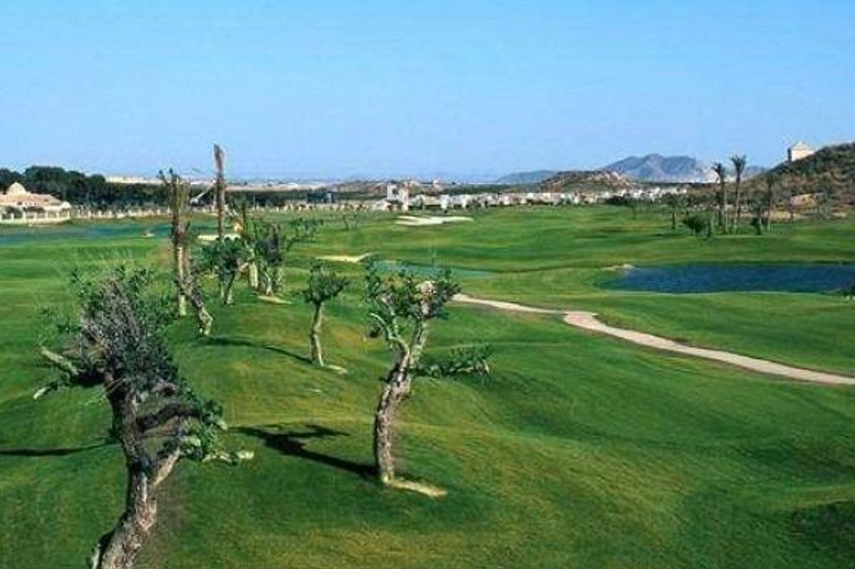 Uitgestrekt golfbaanlandschap in Sucina, Spanje, met weelderig groen en serene waterpartijen.