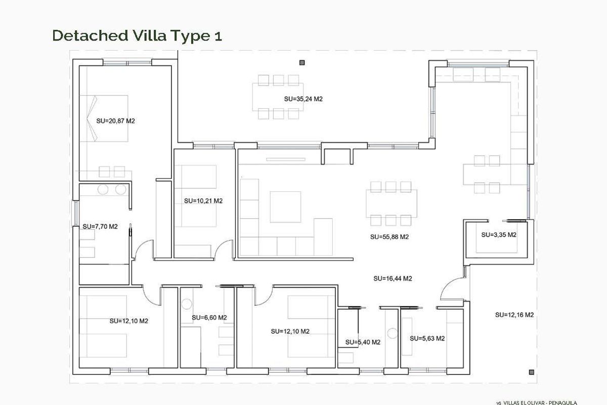 Plattegrond van een 4-slaapkamer villa in Penaguila, met ruime woonruimtes en goed gedefinieerde kamers.