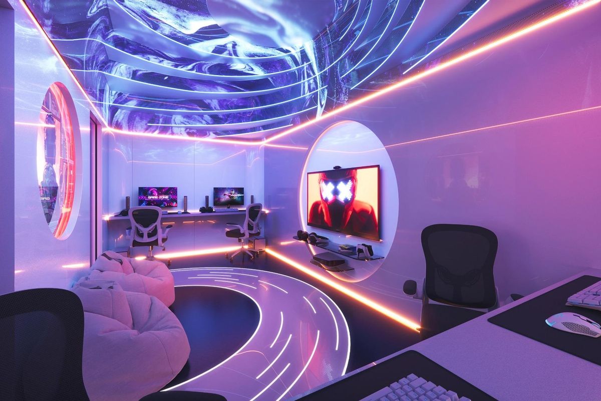 Futuristische gameroom met levendige lichten en apparatuur voor enthousiastelingen in Mijas, Costa del Sol.