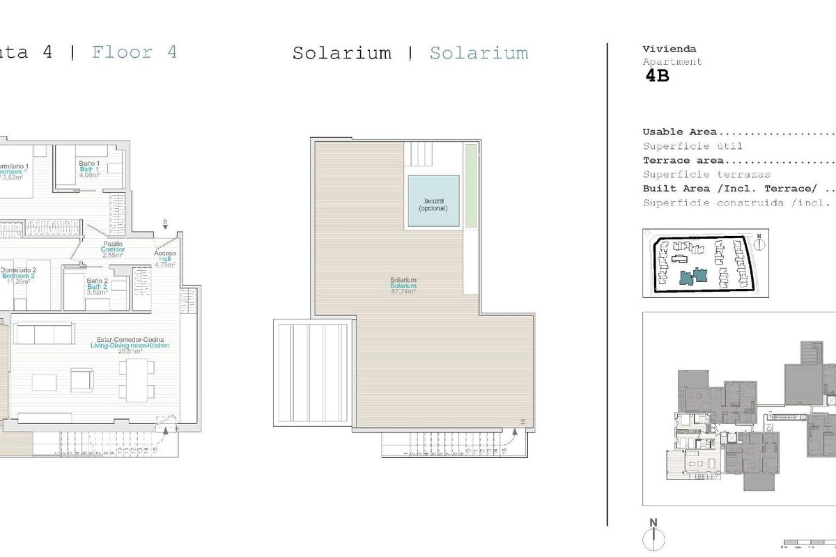 Plattegrond van een penthouse op de 4e verdieping in El Verger met slaapkamers, woonruimtes en terras.