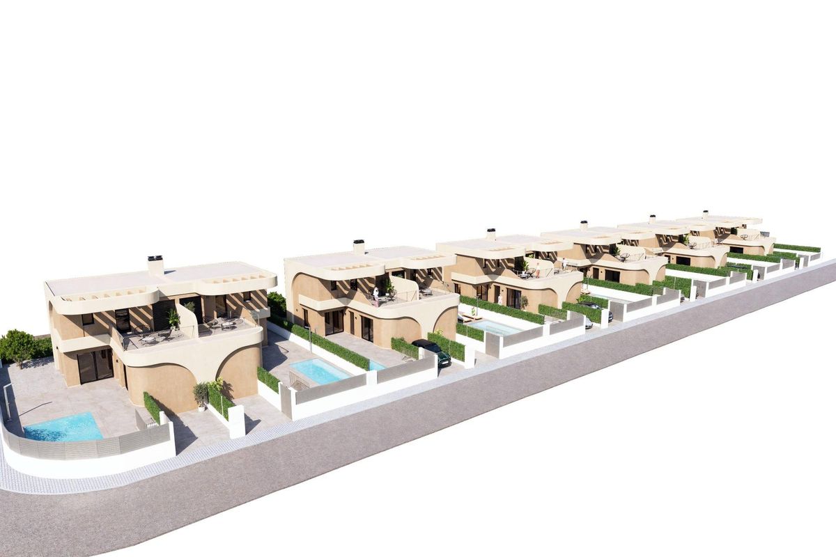 Rij stadswoningen met privézwembaden in Daya Nueva, Costa Blanca Zuid, Spanje, die modern design tonen.