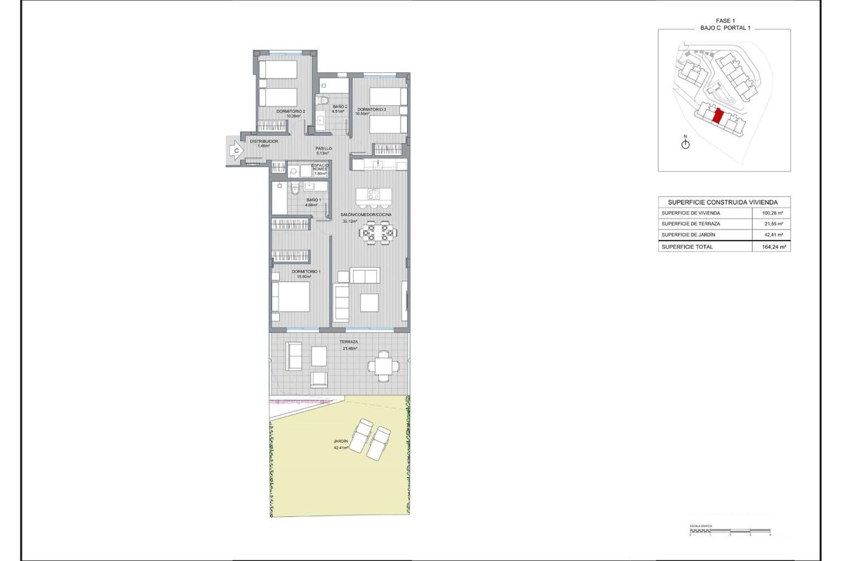 Plattegrond van een ruim 3-slaapkamer appartement in Mijas, ontworpen voor modern wonen met toegang tot buiten.
