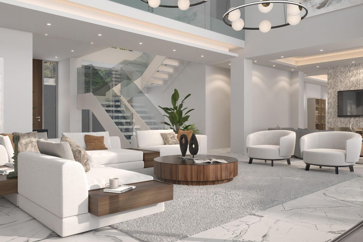 Contemporary livingruimte in een 6-slaapkamer villa in Benahavís, met elegante meubels en een gezellige sfeer.