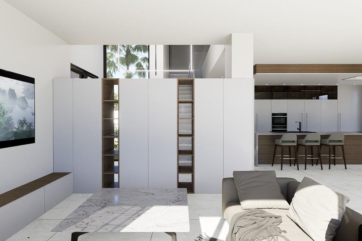 Moderne woonkamer met stijlvolle meubels in de villa, met uitzicht op het buitengebied in Orihuela Costa.