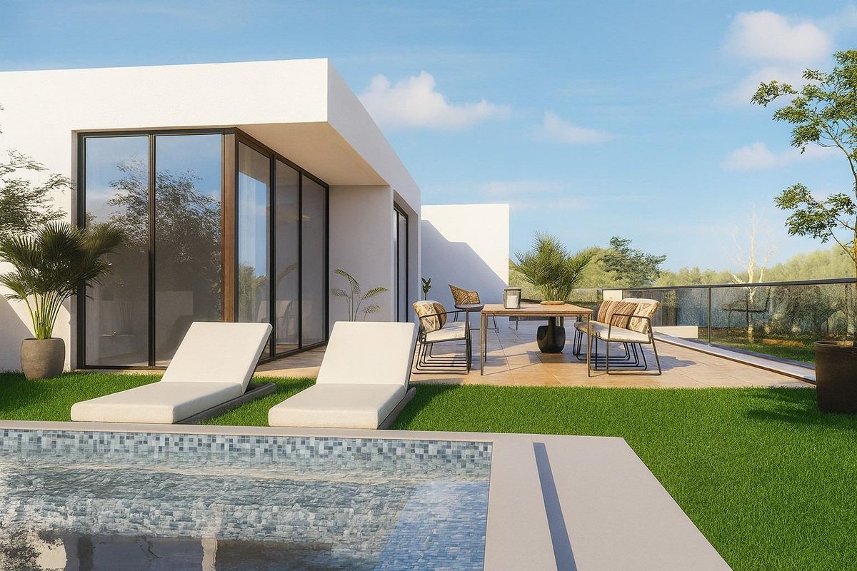 Ruim terras met ligstoelen en eetgedeelte met uitzicht in Estepona.