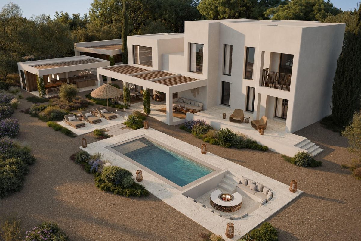 Luchtfoto van de 3-slaapkamer villa in Mojacar, met een zwembad en prachtig aangelegde omgeving.