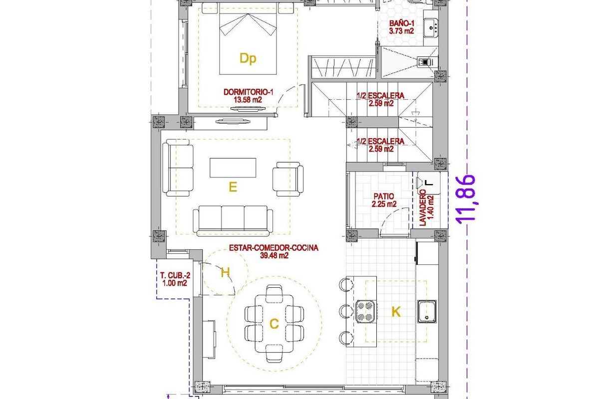 Plattegrond van de begane grond met leefruimtes en keuken in een villa in Finestrat, Costa Blanca Noord.