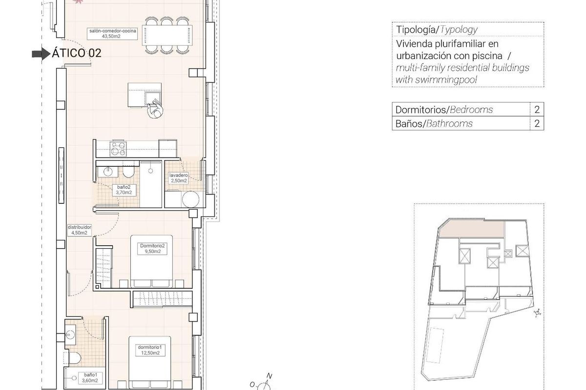 Vloerplan van de 2-slaapkamer penthouse die de indeling toont in Hondón de las Nieves.