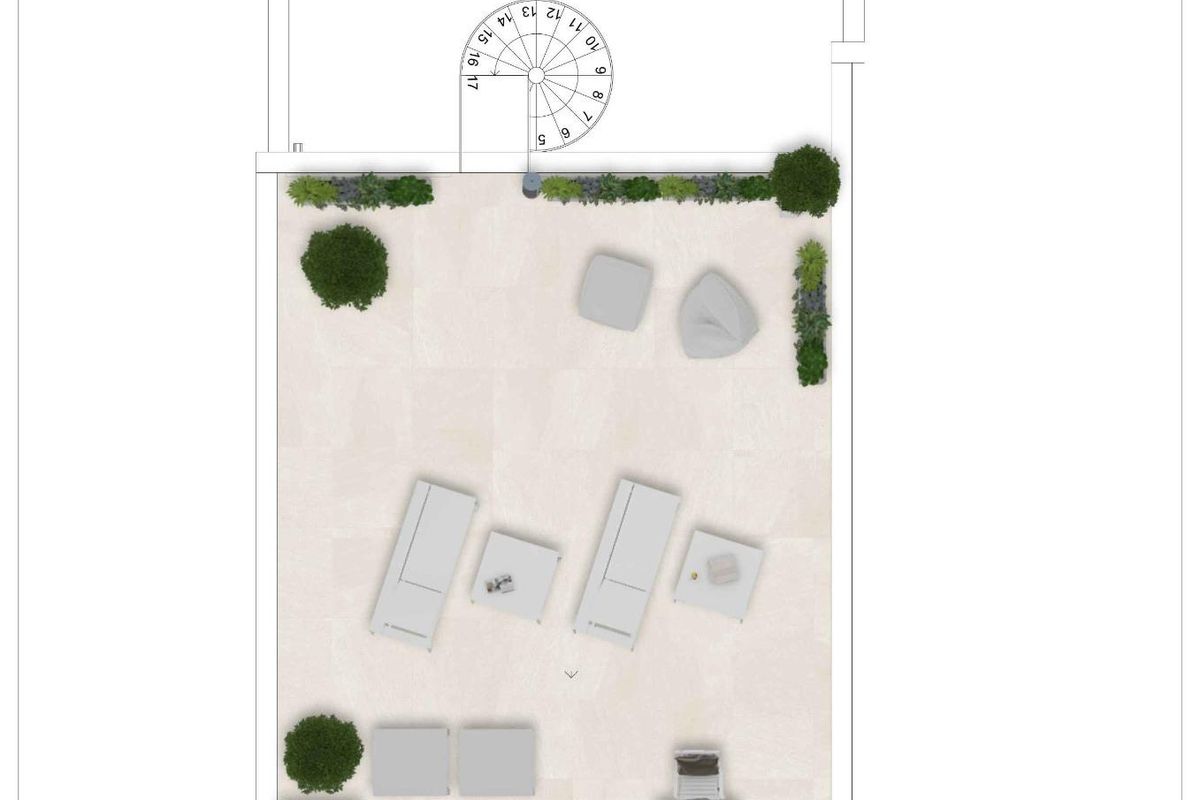 Plattegrond voor een elegante terrasindeling met lounge- en eetruimtes voor een 2-slaapkamer penthouse in Estepona.