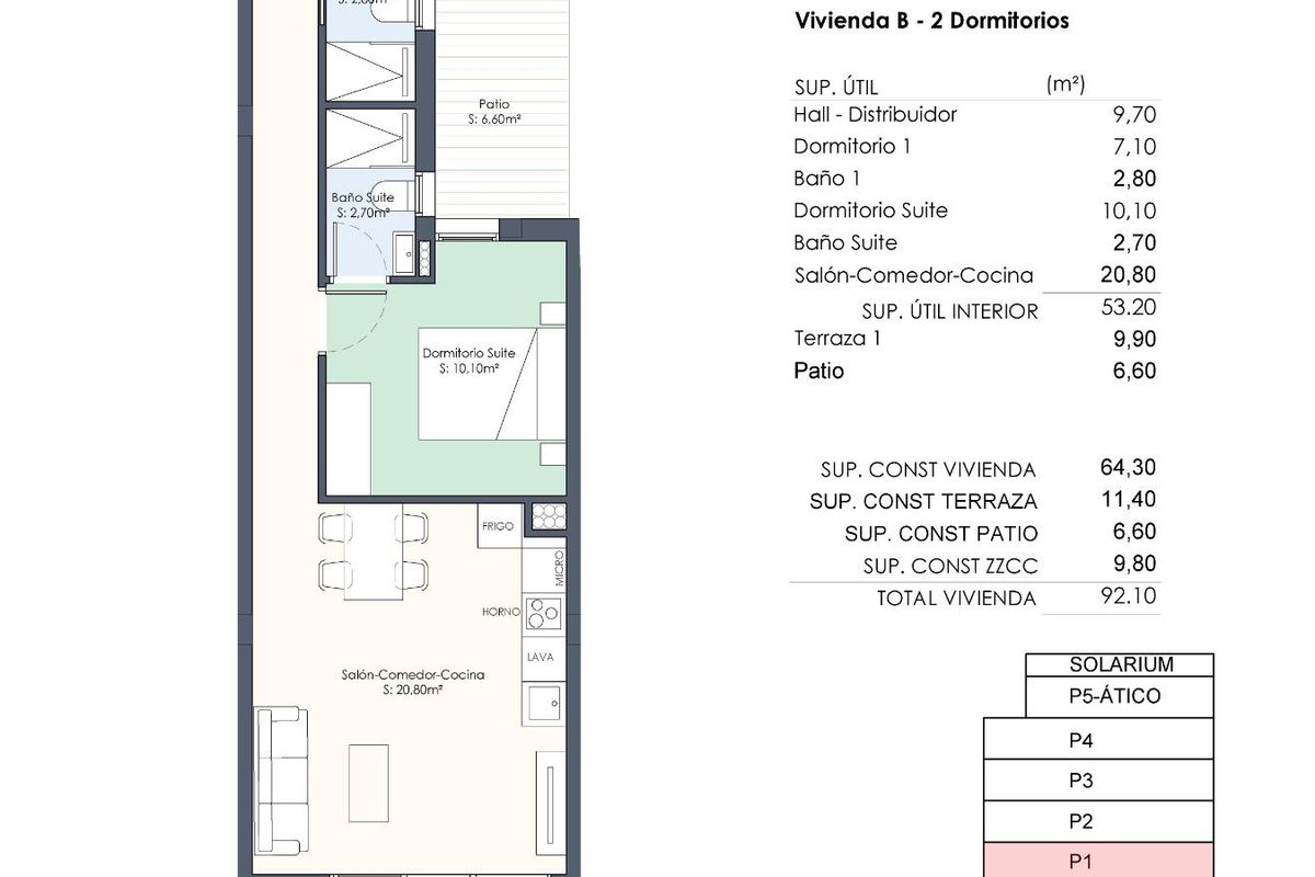 Plattegrond van een 2-slaapkamer appartement met indeling en afmetingen in Torrevieja, Costa Blanca.