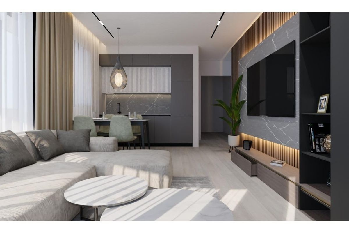 Moderne woonkamer van een appartement met 1 slaapkamer, met een bank en eettafel, gelegen in Torrevieja.