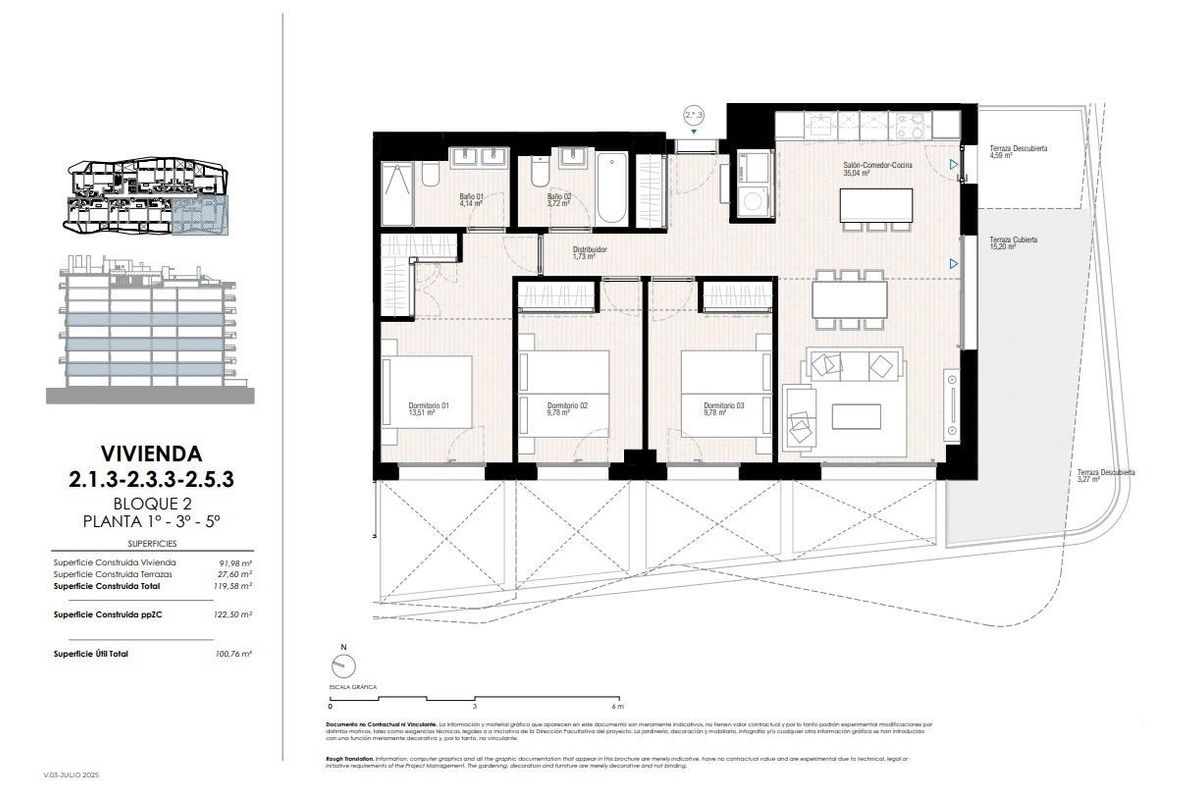 Gedetailleerde plattegrond van een 3-slaapkamer appartement in een modern gebouw in Villajoyosa, Costa Blanca Noord.
