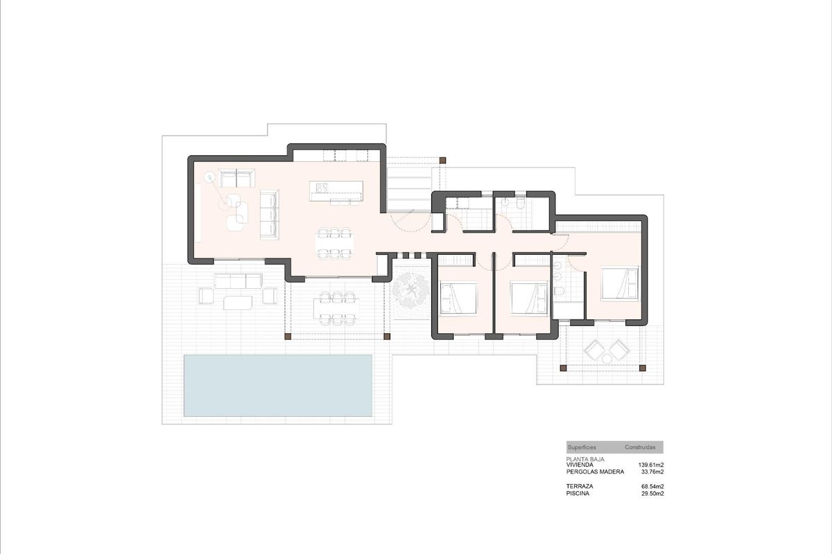 Plattegrond van de moderne villa met 3 slaapkamers in Benissa, met een overzicht van de indeling en buitenruimtes.