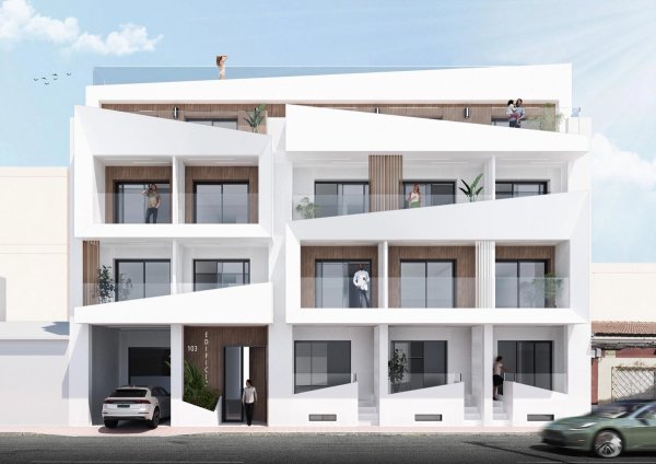 Moderne buitenaanzicht van een 1-slaapkamer appartement in Torrevieja, Costa Blanca Zuid. Stijlvol ontwerp.