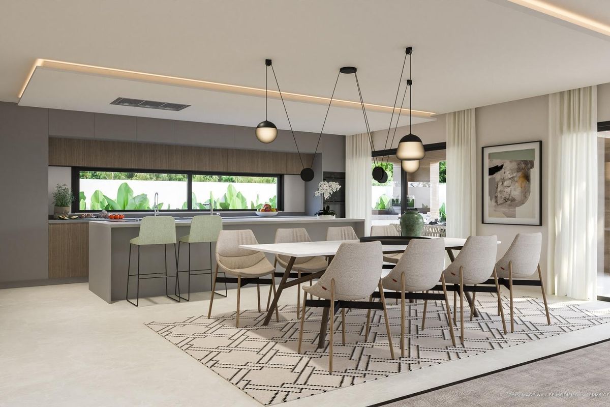 Contemporary keuken en eetopstelling met stijlvolle meubels in een villa gelegen in Mijas, Costa del Sol.
