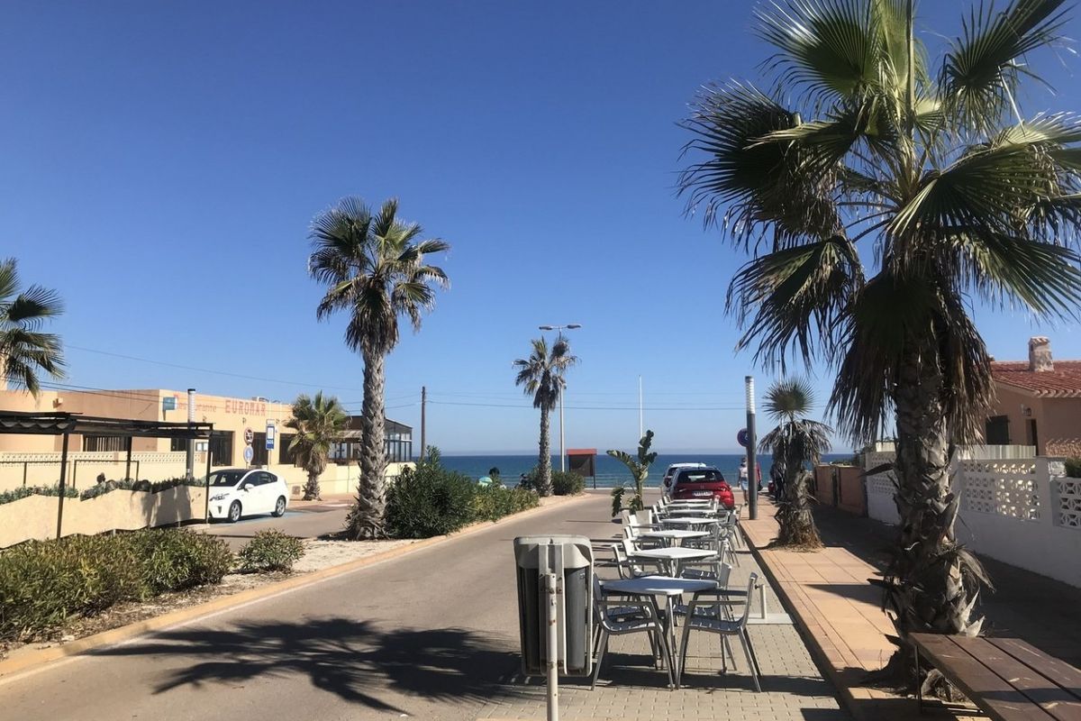 Aangename straat in Torrevieja met palmbomen en een glimp van de oceaan aan het einde van de laan.