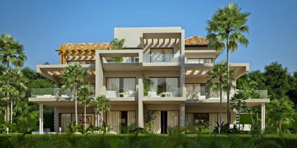 Moderne 3-slaapkamer appartementexterieur in Benahavís, Costa del Sol, omgeven door palmbomen.