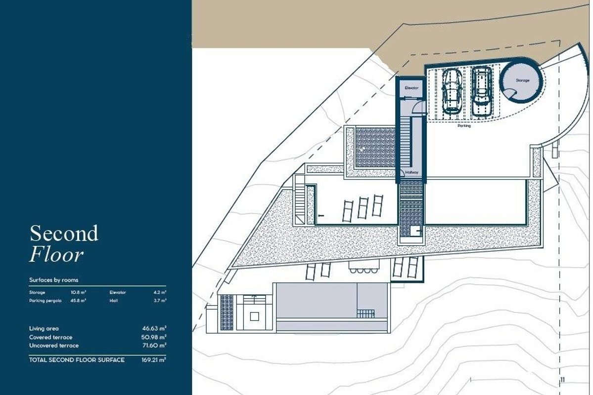 Plattegrond van de tweede verdieping van een 4-slaapkamer villa in Benahavís, Costa del Sol, met garage en terras.