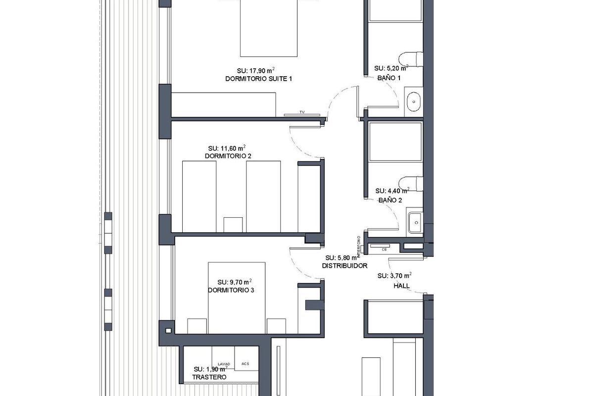 Plattegrond van een appartement met 3 slaapkamers in Benijofar, indeling met woonruimte en twee badkamers.