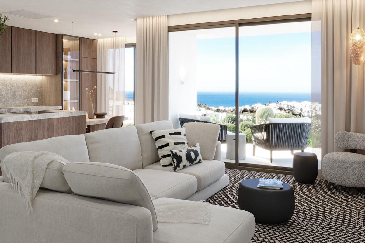 Aantrekkelijke woonkamer met modern interieur en toegang tot het terras, met uitzicht op de oceaan, penthouse in Mojacar.