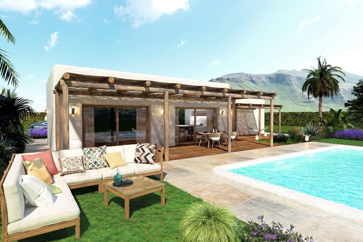 Ontspan terras uitzicht van een 2-slaapkamer villa met zwembad in Pinoso, ideaal voor buitenleven in Costa Blanca Zuid.