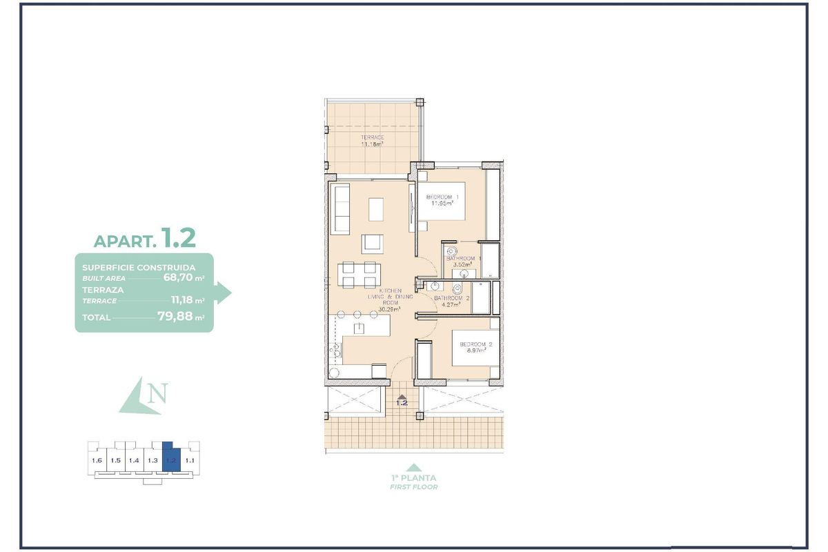 Plattegrond van een 2-slaapkamer appartement in Los Alcazares, met indeling en woonruimtes voor optimaal comfort.