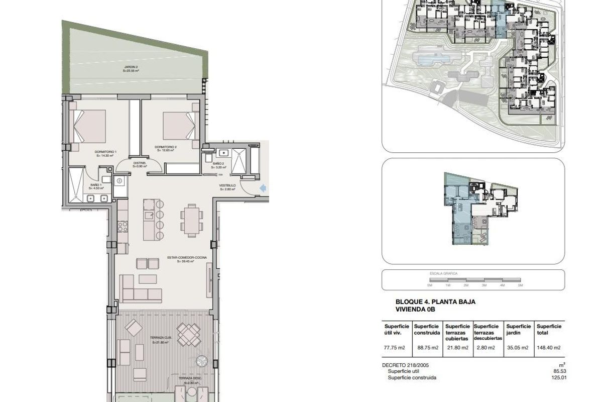 Plattegrond van een 2-slaapkamer begane grond appartement in Estepona, toont duidelijk de indeling en afmetingen.