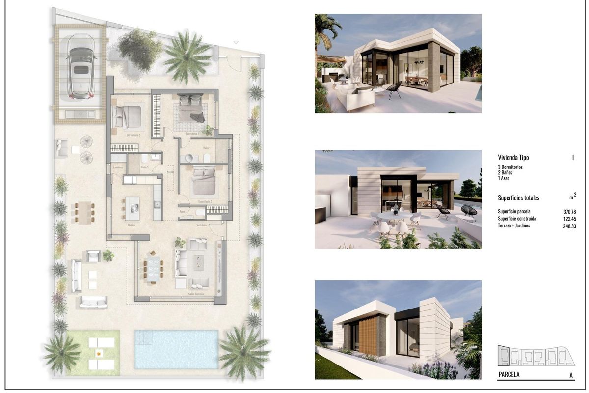 Gedetailleerde plattegrond van een 3-slaapkamer villa met lay-out en buitenruimte in Pilar de La Horadada.