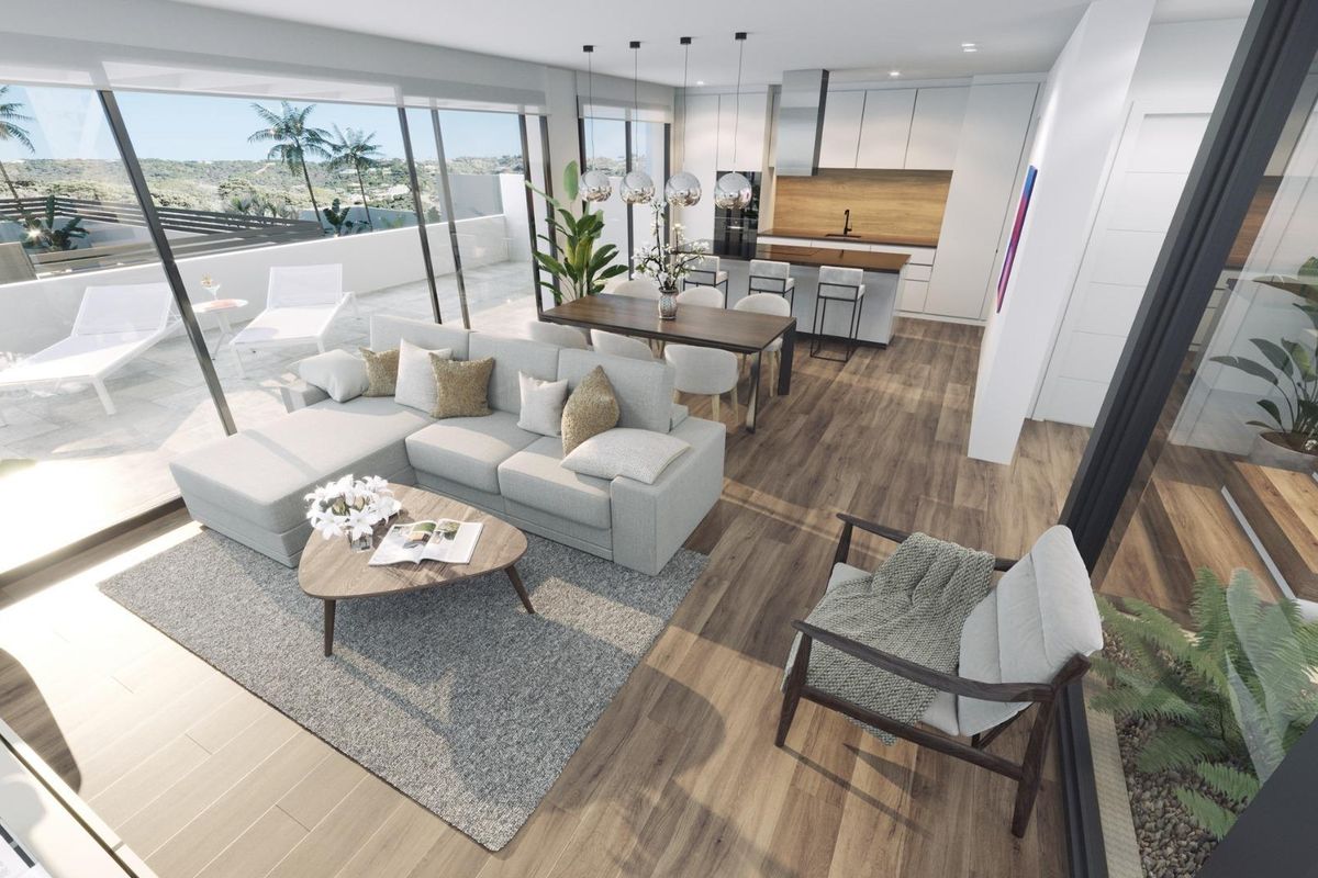 Open indeling van de woonkamer en eetgedeelte in een 3-slaapkamer villa in Finestrat met stijlvolle inrichting.