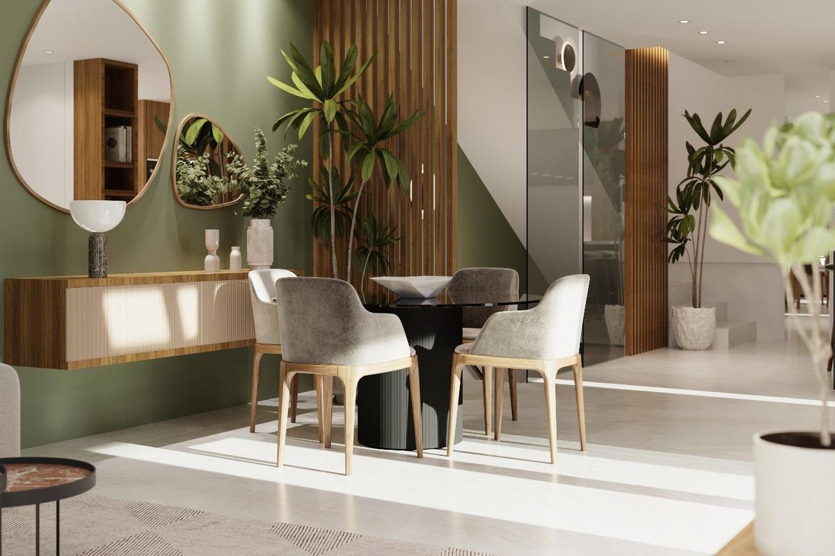 Stijlvolle eethoek in een villa in Los Alcazares, omringd door planten en natuurlijk licht voor een gezellige sfeer.