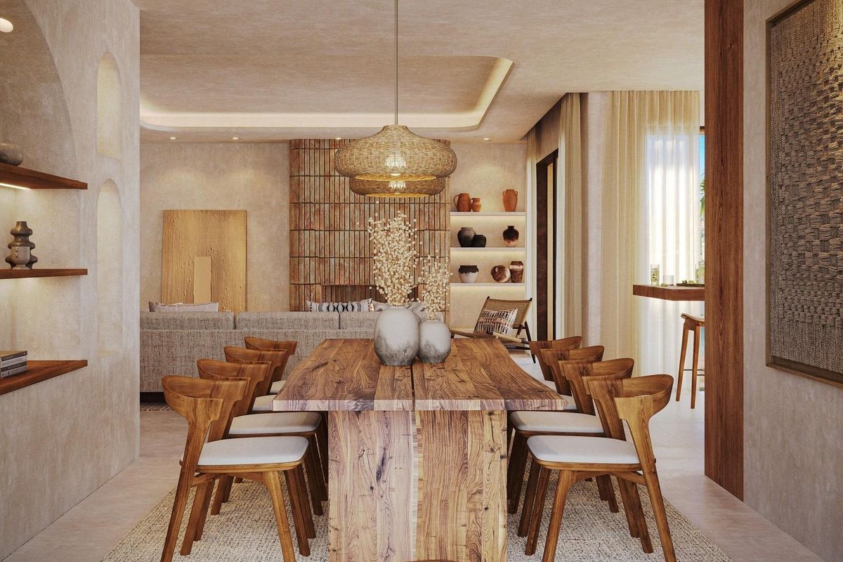 Elegante eetruimte in een 3-slaapkamer villa in Jávea, met houten meubels en een modern ontwerp.