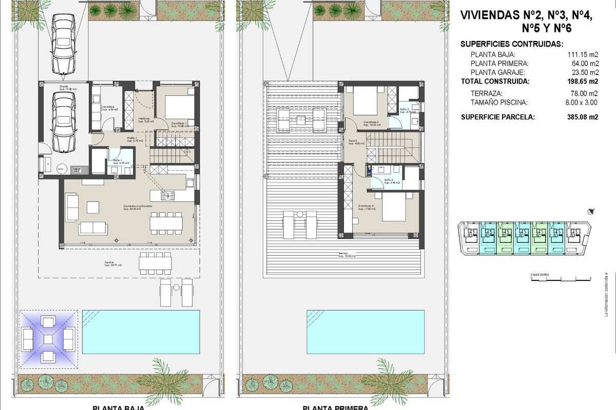 Plattegrond van een moderne 3-slaapkamer villa in Torre Pacheco, met een zwembad en aangelegde tuin.