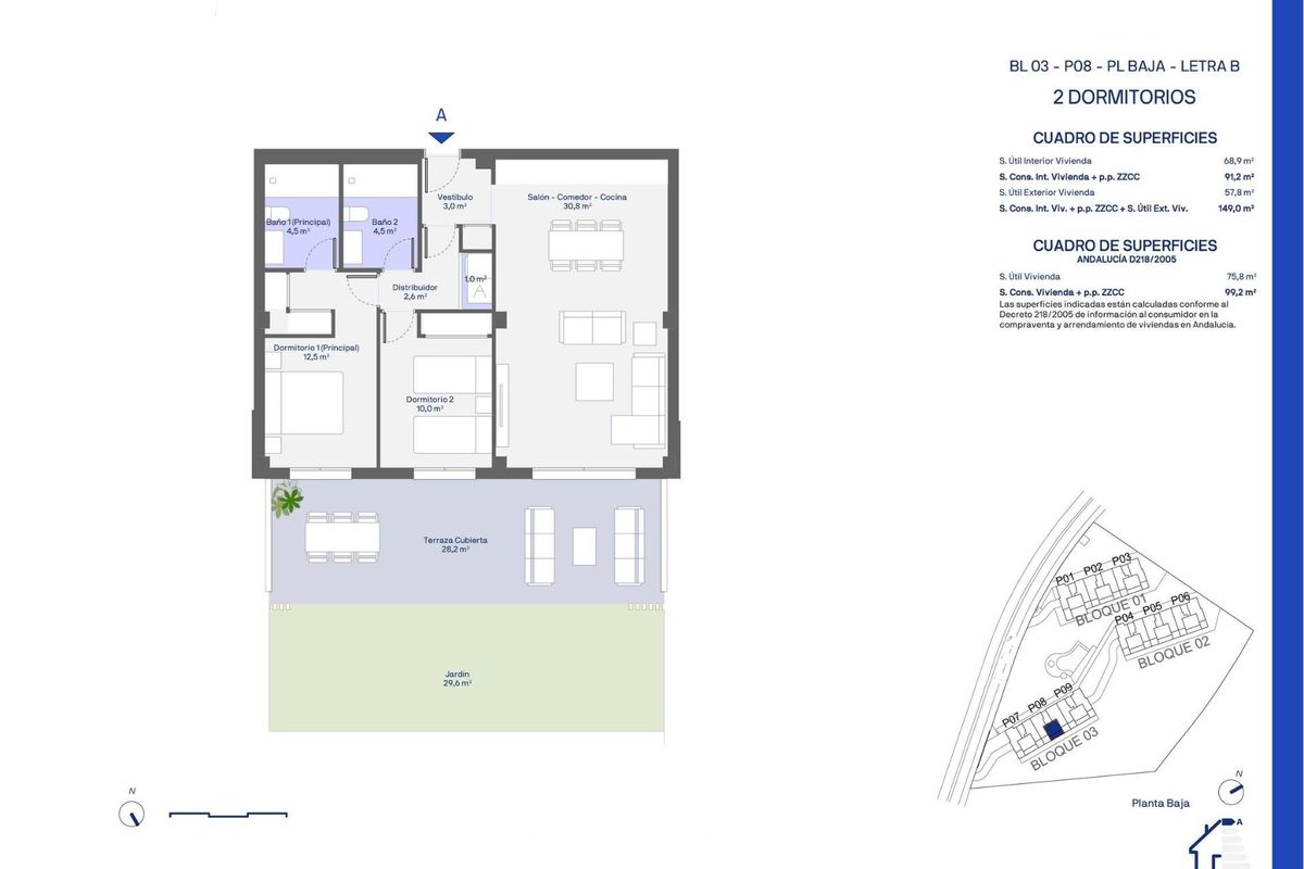 Plattegrond van de indeling van een 2-slaapkamer appartement in Casares, met woonruimtes en afmetingen.