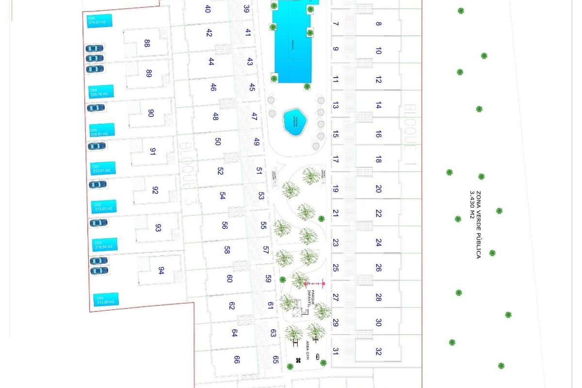 Gedetailleerde plattegrond van een wooncomplex in Torrevieja met aangegeven voorzieningen.
