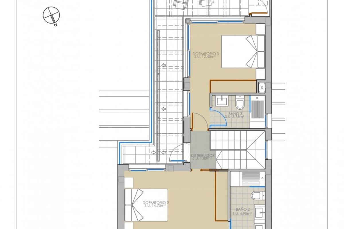 Plattegrond van een 3-slaapkamer villa in Pilar de La Horadada, met indeling en afmetingen.