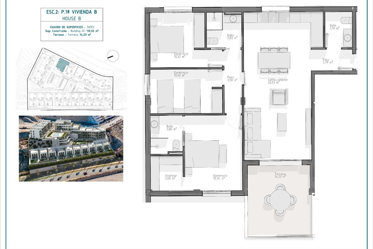 Plattegrond van een 3-slaapkamer appartement in Aguilas, met indeling en ruimteverdeling voor comfortabel wonen.