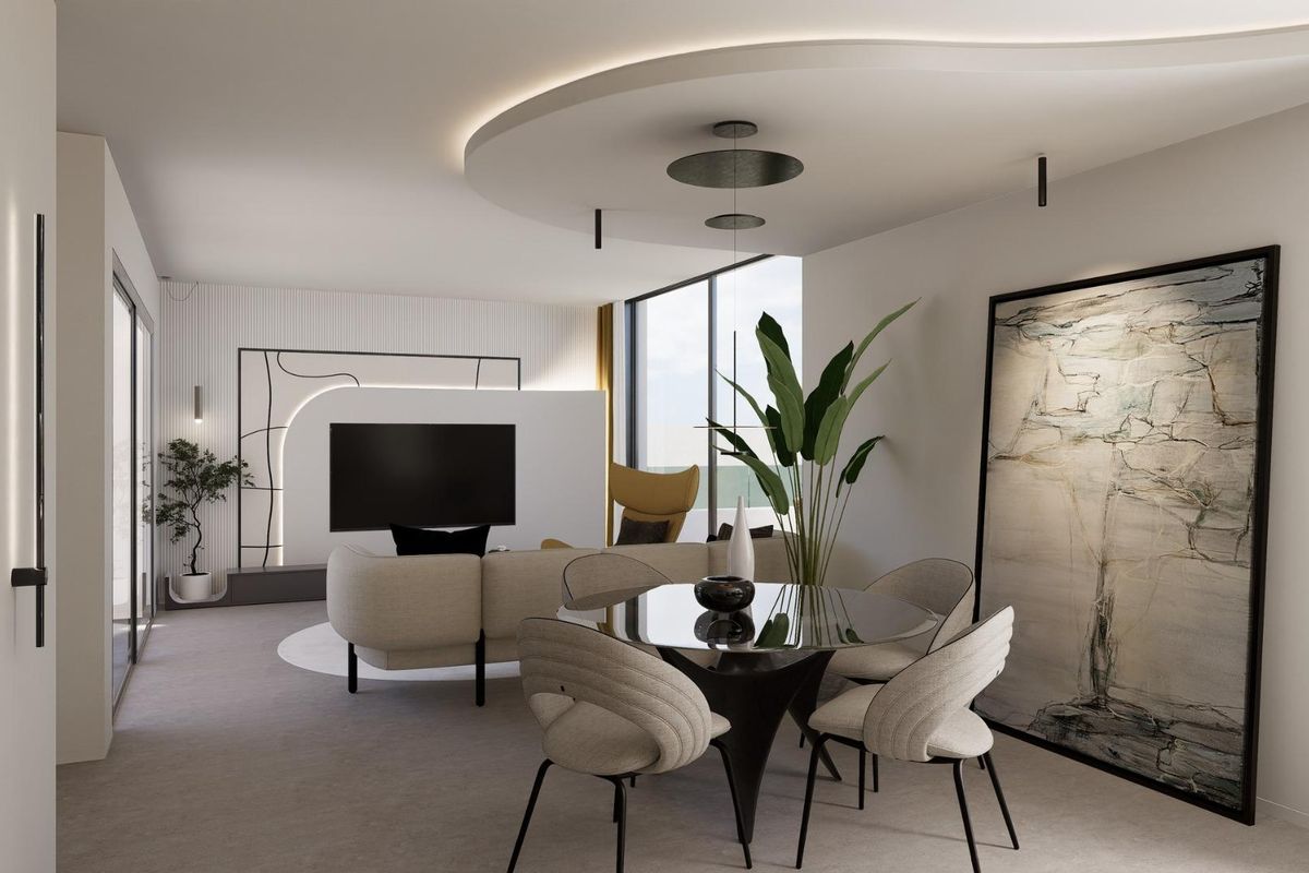 Elegante eetruimte in de villa in Rojales, met moderne meubels en natuurlijk licht.