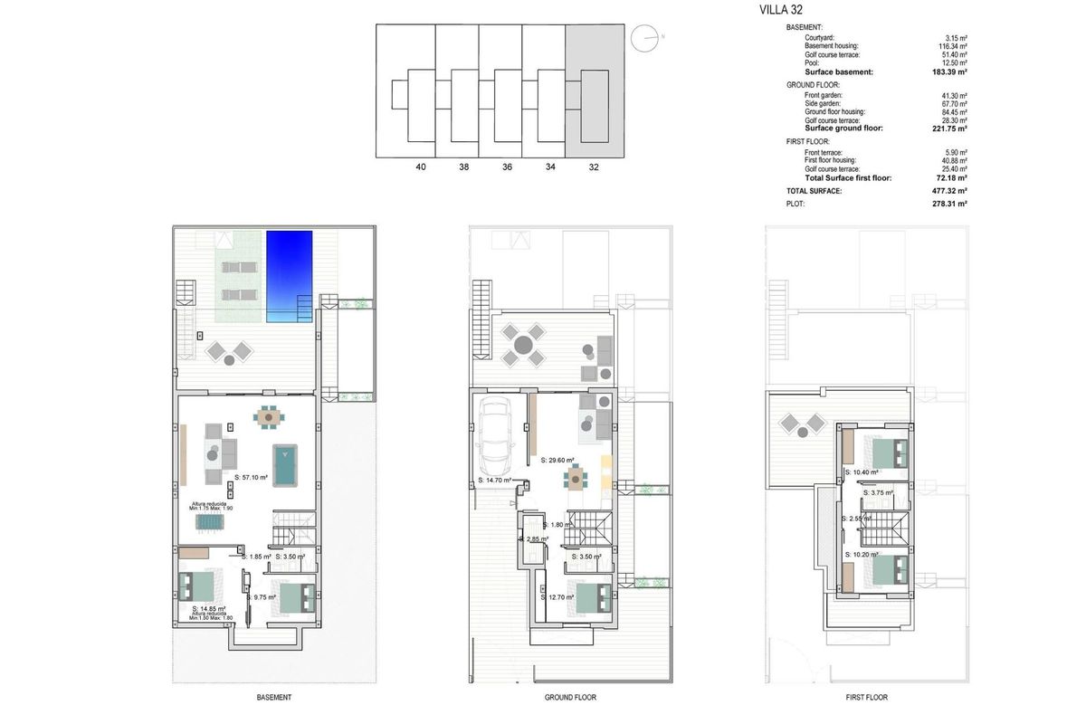 Plattegrond van een 3-slaapkamer villa in Los Alcazares, met details van de indeling op de begane grond en bovenverdieping.