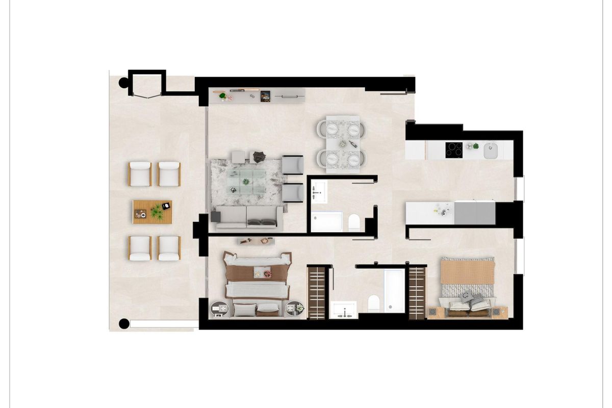 Plattegrond van een 2-slaapkamer appartement op de begane grond met indeling en ruimtes in Mijas, Costa del Sol.